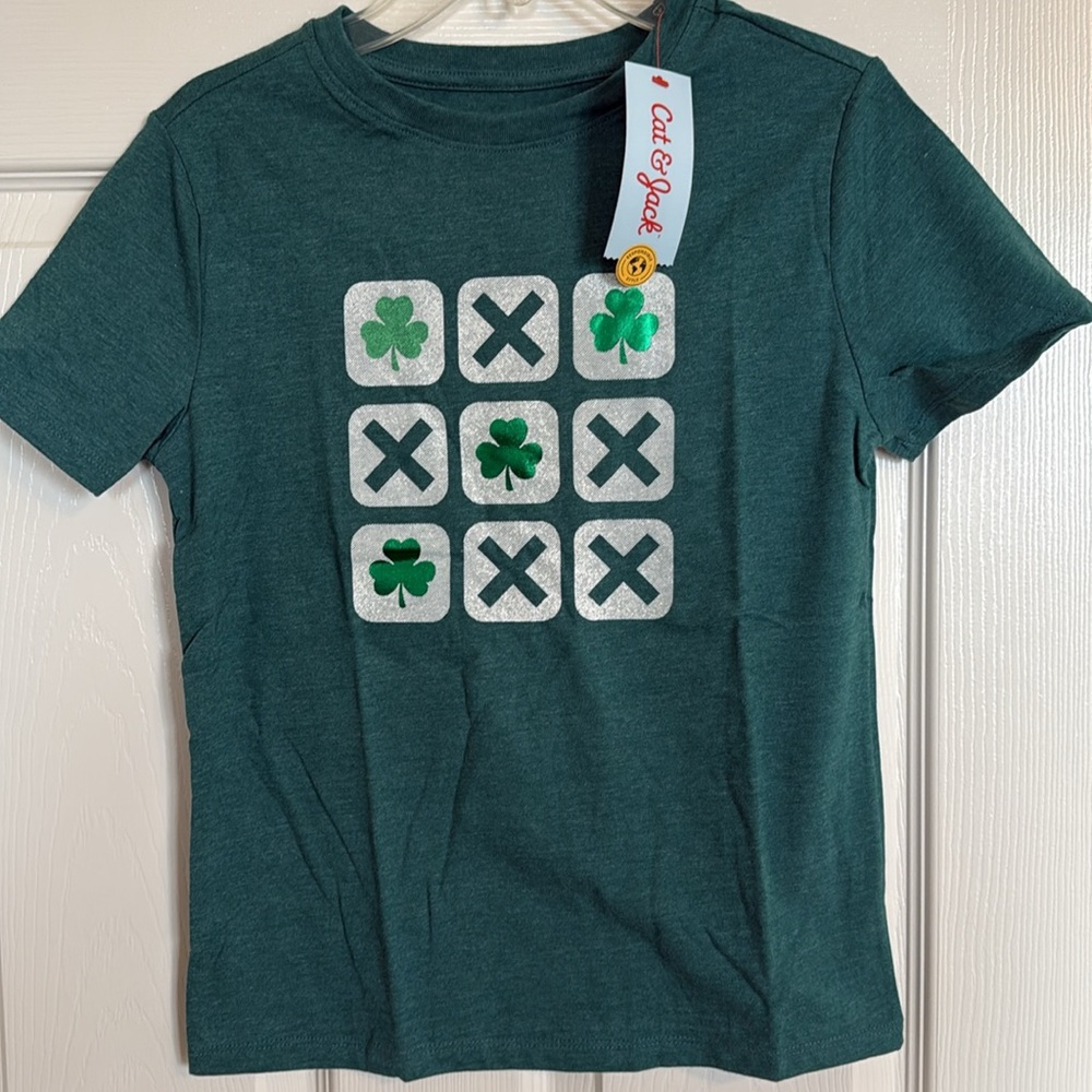 New! Kid’s St Patrick’s Day Green Tac Tac Toe Shamrock Tee Shirt, Size S, M or L